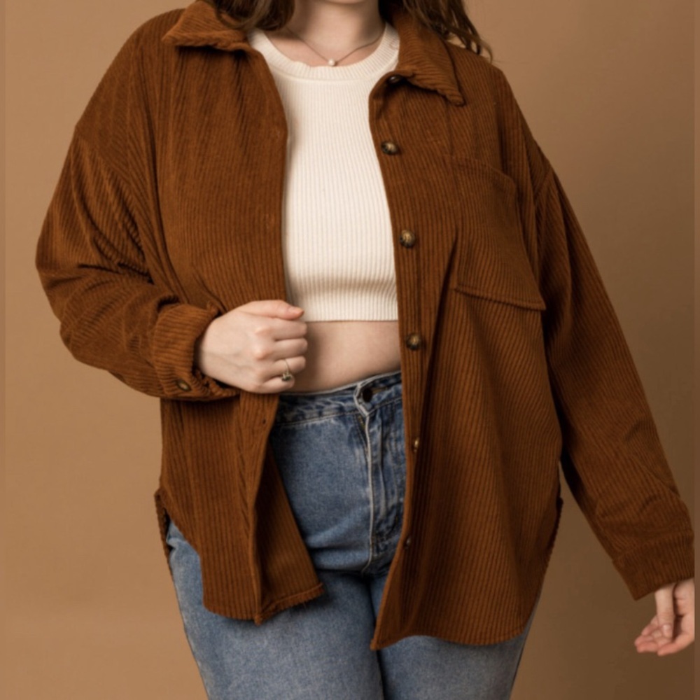Brown Camel Button Corduroy Pocket Shacket Midweight Boho Lagenlook Genhoo
